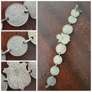 Vtg 1919-1940 British King Threepence Sixpence Silver Coins 6.5" Charm Bracelet